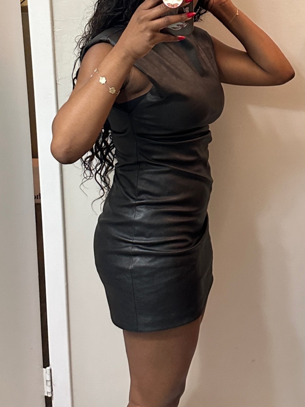Zara Black Faux Leather Mini Dress with Padded Shoulders - Picture 9 of 10